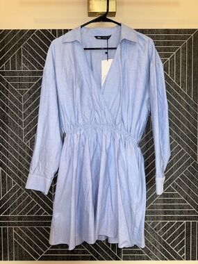 Zara Powder Blue Collared Wrap-Style Long Sleeve Dress